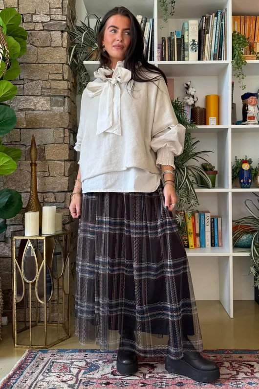 Myrtle Plaid Tulle Midi Skirt Chocolate